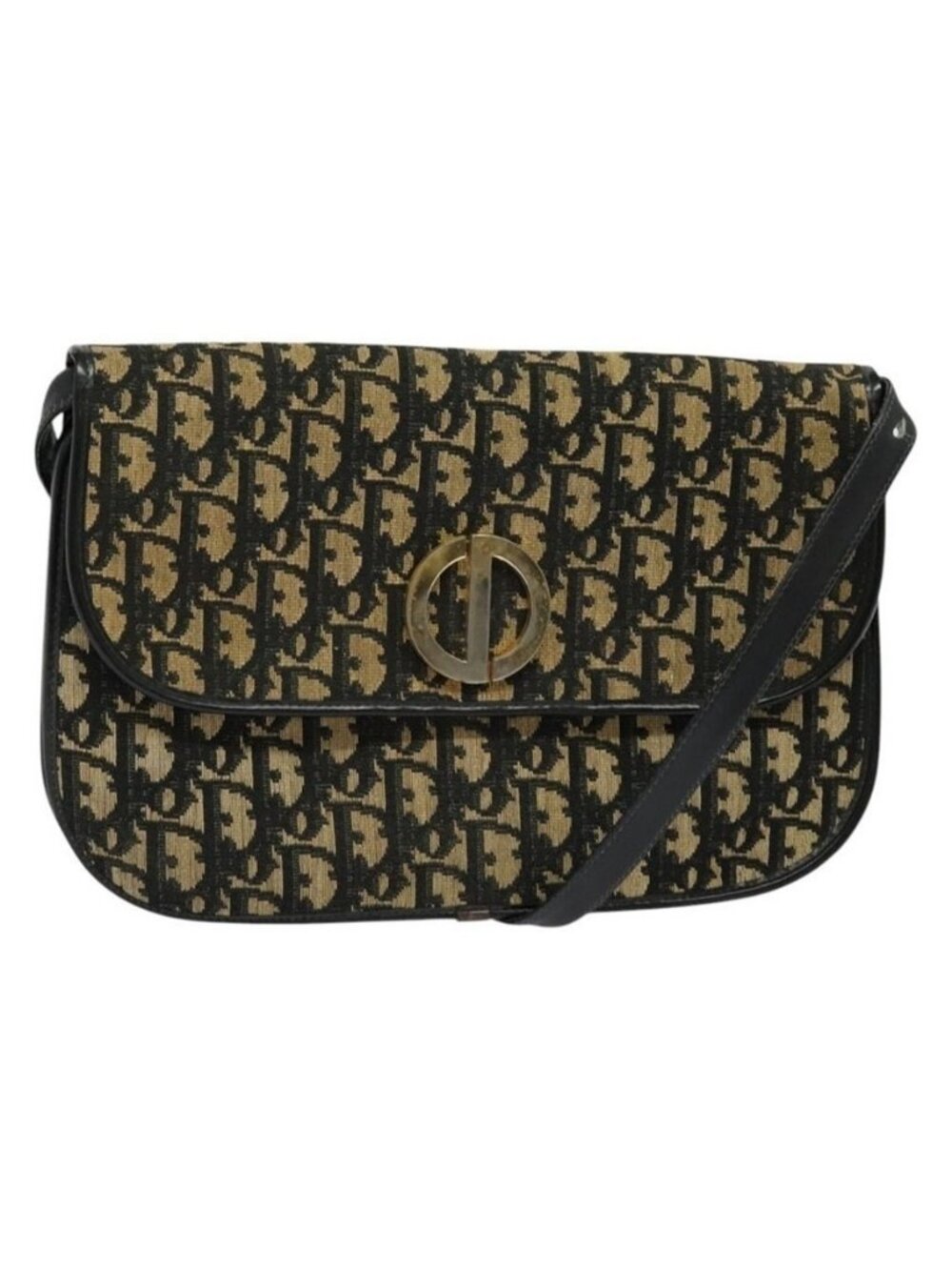 Authentic Christian Dior Trotter Canvas Shoulder Bag Navy Gold
